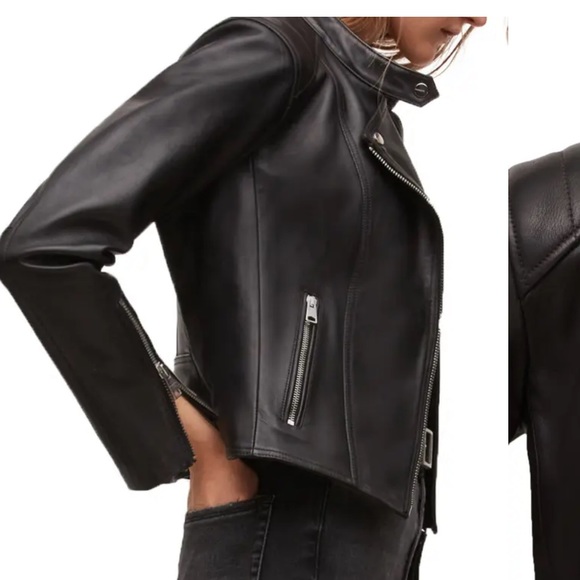 ALLSAINTS Neve Sheepskin Leather Biker Jacket BLACK SIZE 0 - Picture 3 of 10